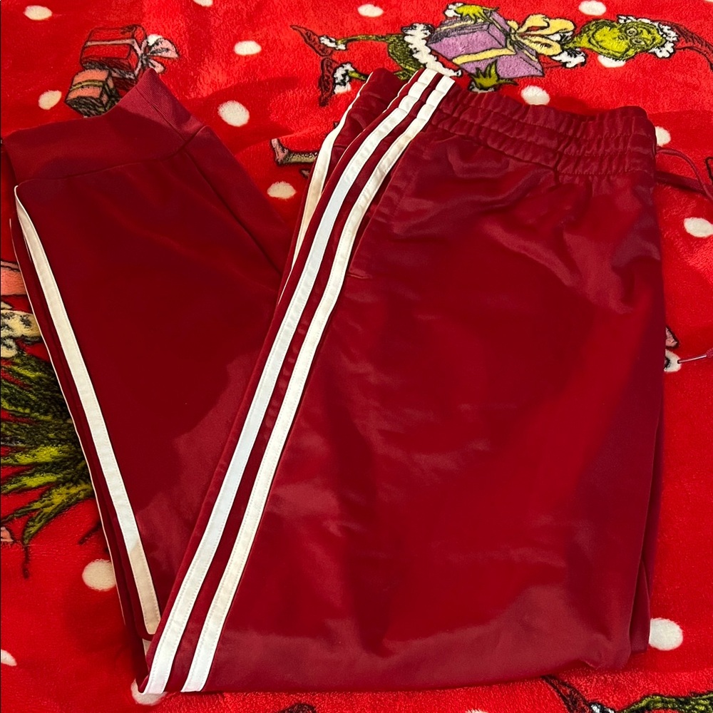 adidas adult red Joggers with White Stripes